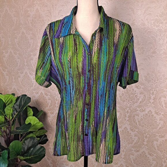 Avenue Size 18/20 Button Front Vertical Striped Sheer Peplum Blouse Short Sleeve - Picture 1 of 14